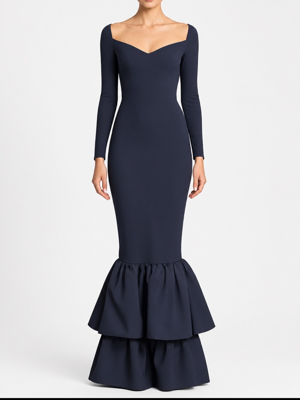 Chiara Boni Mermaid Maxi Dress Ruffle Hem Long Sleeve Formal Evening Gown